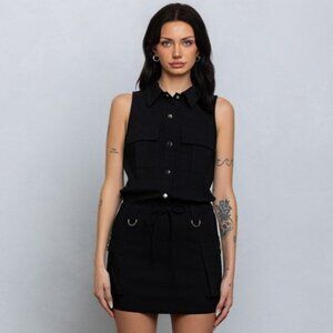 Woven Button Down Cargo Dress - Black